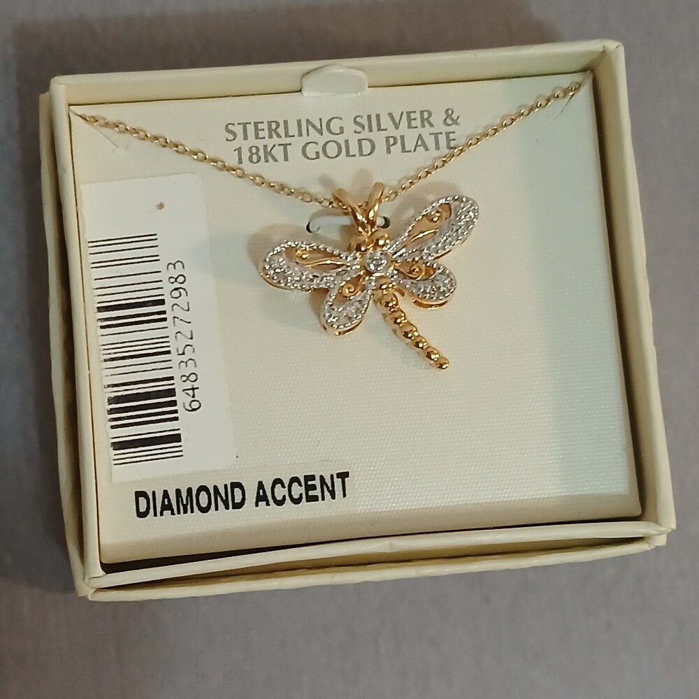 JCM Sterling Silver & 18kt Gold Plate Diamond Accent Dragonfly Necklace